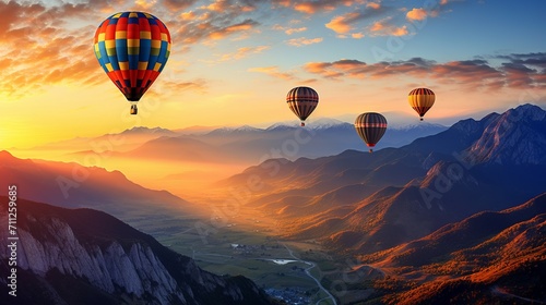 Hot air balloons flying over snow-capped mountains and colorful sky at sunset
