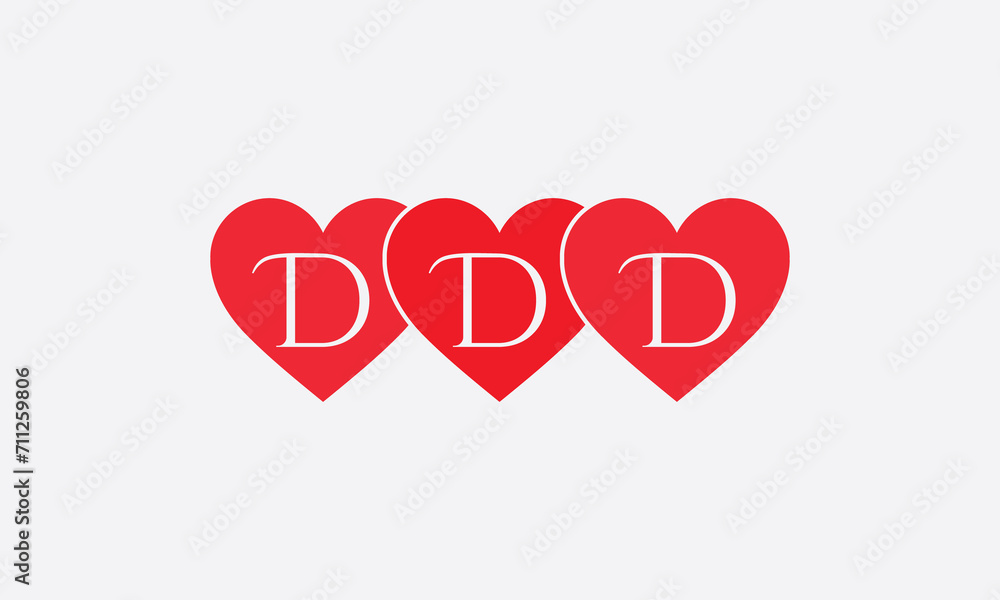 Triple Hearts shape DDD. Red heart sign letters. Valentine icon and love symbol. Romance love with heart sign and letters. Gift red love