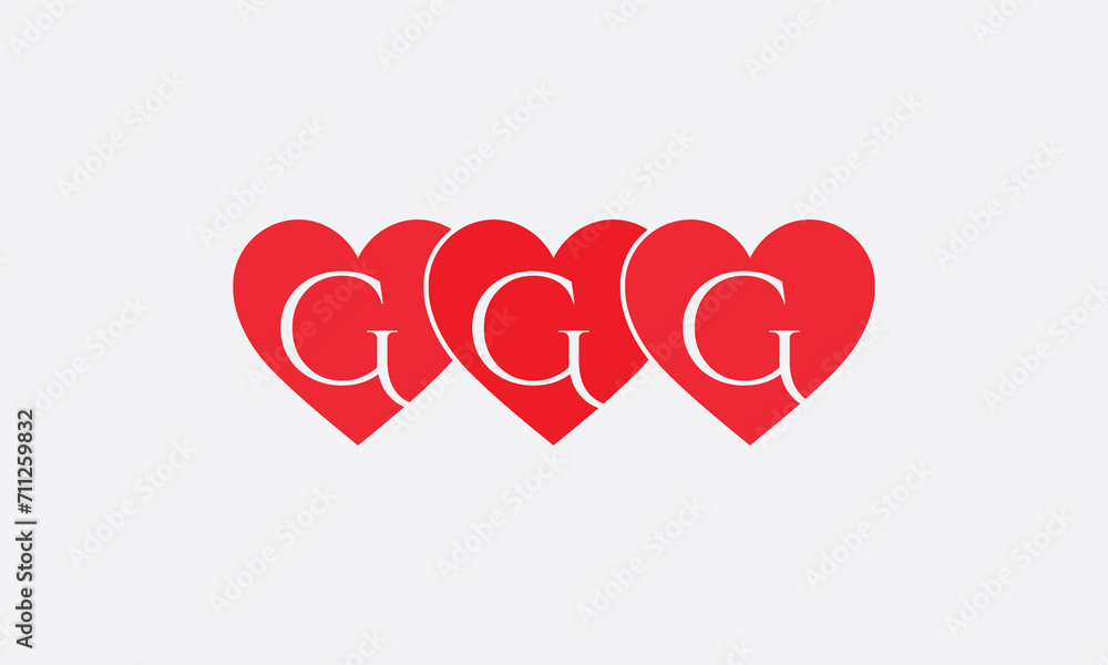 Triple Hearts shape GGG. Red heart sign letters. Valentine icon and love symbol. Romance love with heart sign and letters. Gift red love
