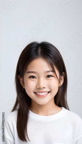 White background photo of portrait of cute Asian girl model smiling with perfect clean teeth. For advertising, web design, etc. © anmitsu