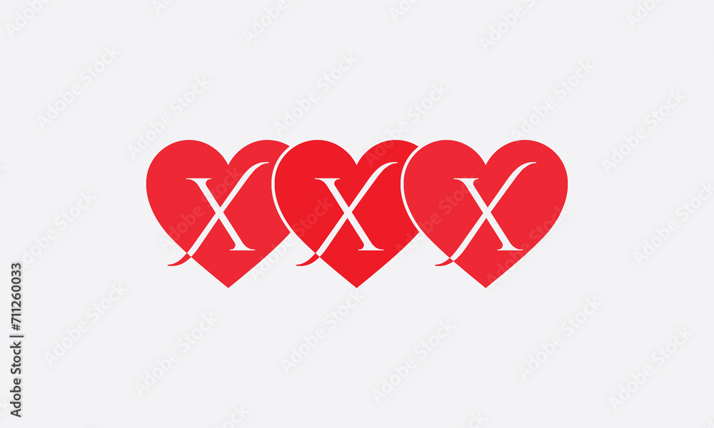 Triple Hearts shape XXX. Red heart sign letters. Valentine icon and love symbol. Romance love with heart sign and letters. Gift red love