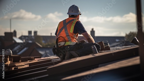 Construction worker installing slates on a sloping roof of a new building