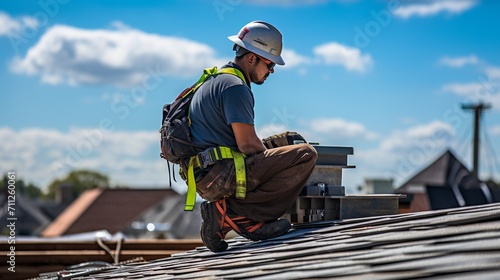 Construction worker installing slates on a sloping roof of a new building