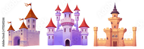 Fairytale medieval castle for fantasy kingdom. Cartoon vector illustration set of magic fantasy king fortress palace with princess tower. Royal building with flags on turret, gates and windows.