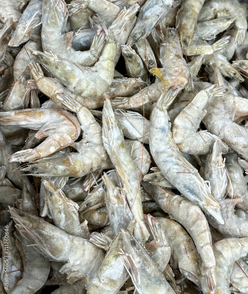 Gray shrimp on a shelf in a market Gray shrimp on a shelf in a market