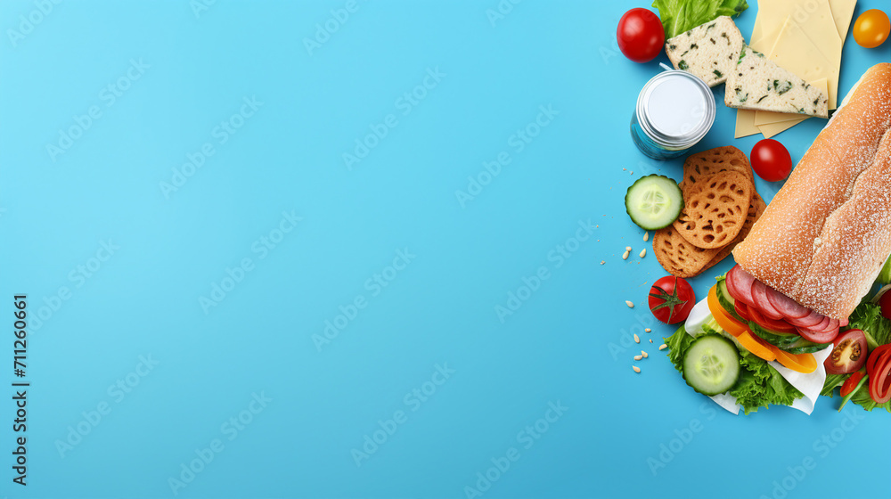 Vibrant School Lunch Scene with Delicious Sandwiches and Fresh Snacks on a Blue Background