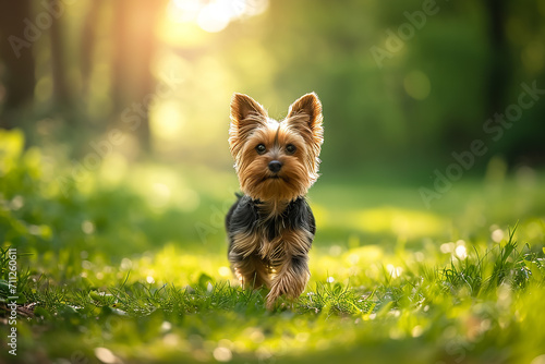 yorkshire terrier dog beautiful spring portrait puppy walk in green park  © MASmaker