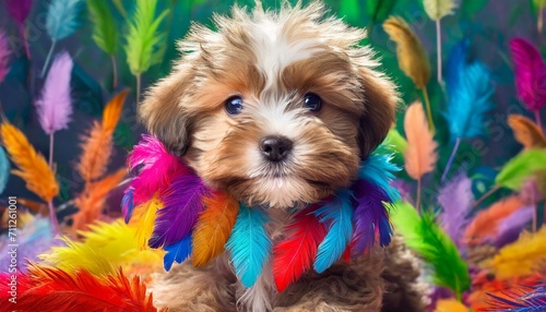 A cute dog made of colorful feathers wallpaper © Bimalka