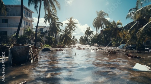 Fotografia Hurricane aftermath: Flooded streets and damaged buildings on a tropical island