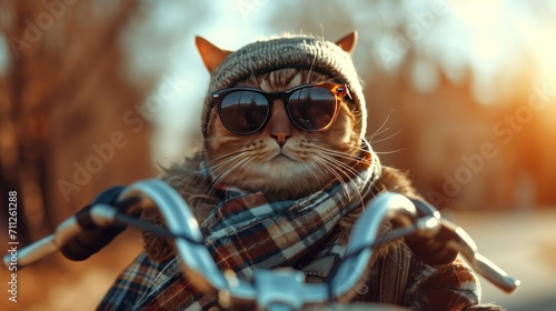 Cat hipster ride with bicycle