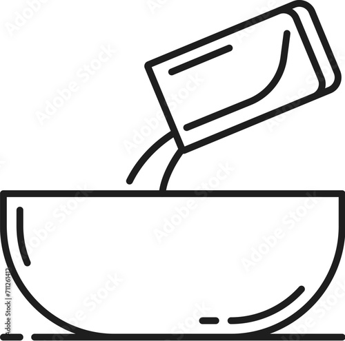Adding water baking ingredient icon, bakery product, cooking bread. Vector home bakery and pastry food in plate outline icon. Dough in bowl