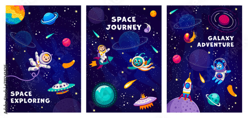 Space posters with cartoon characters and starry galaxy landscape. Galaxy discovery vector posters or banners with kid astronaut on rocket, alien cheerful personages, space planets, and UFO saucer