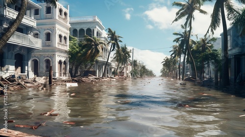 Hurricane aftermath: Flooded streets and damaged buildings on a tropical island. Aerial view of the impact of climate change on coastal communities.