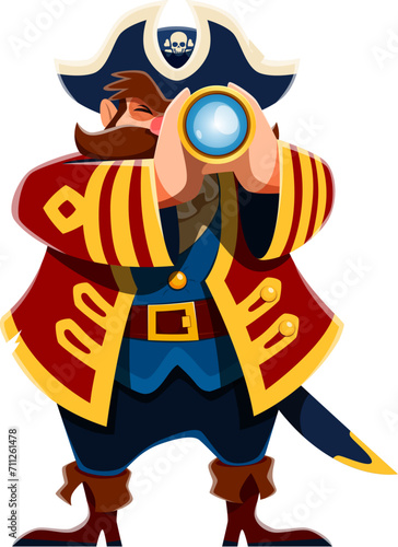 Cartoon pirate captain with spyglass, funny corsair sailor character. Vector mustached, fat filibuster in tricorn peers through a brass spyglass, searching horizon for buried treasures and adventure