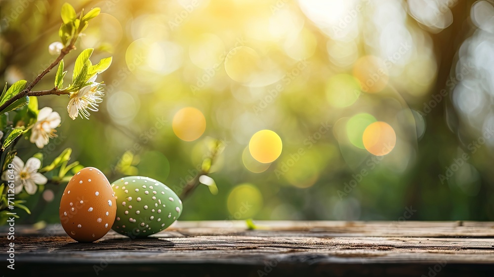 Background of easter egg on rusty wooden table blur bokeh nature background. Easter Concept - obrazy, fototapety, plakaty 