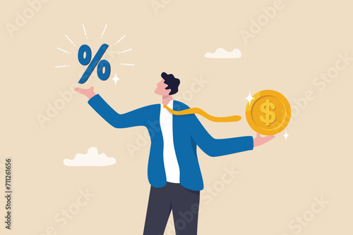 Lending, mortgage or loan interest rate, financial credit, economy growth or income tax calculation, debt or financial credit, investment concept, businessman holding dollar money coin and percentage.