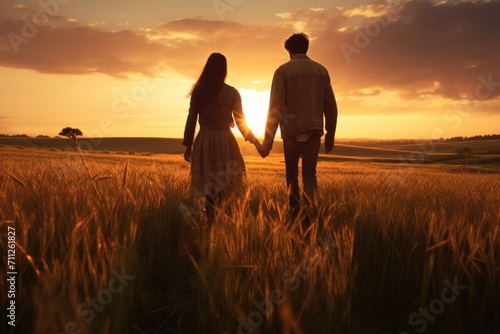 A man and a woman walk hand in hand through a beautiful field  Couple holding hands in a field at sunset  AI Generated