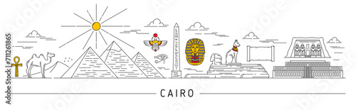 Egypt silhouette, Cairo and other egyptian travel landmarks. Vector skyline, thin line pyramids in Africa desert landscape. Outline Sphinx monument, papyrus scroll, pharaoh black cat, ankh and camel