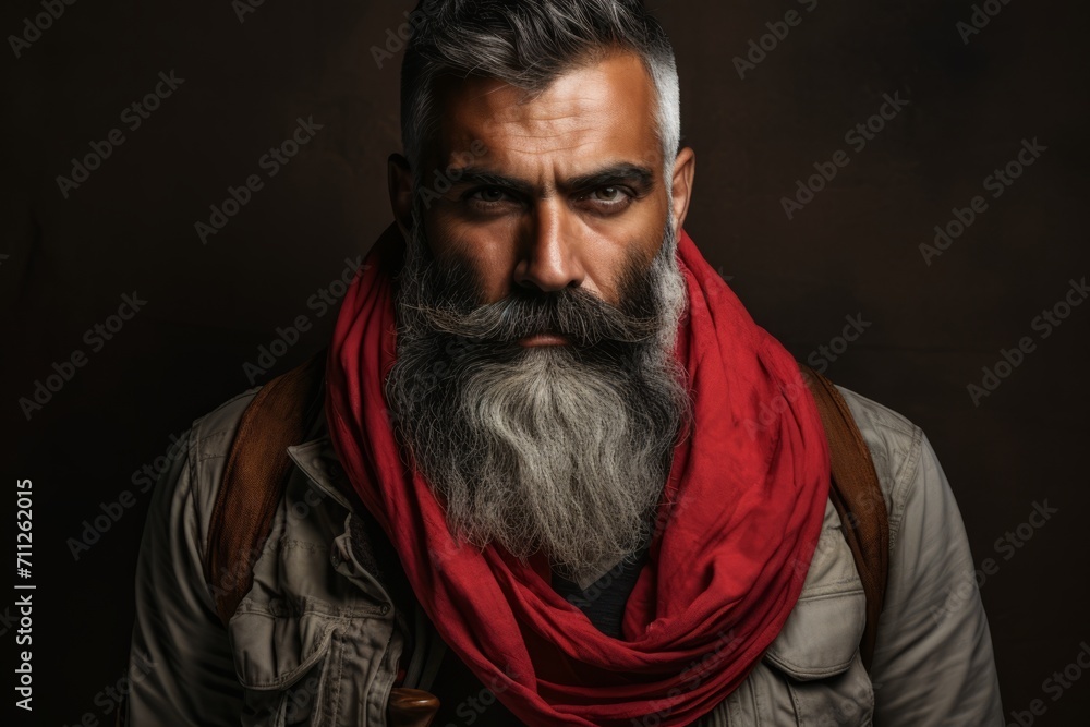 Portrait of a bearded man with a long gray beard and a red scarf on a dark background Portrait of a bearded man with a long gray beard and a red scarf on a dark background