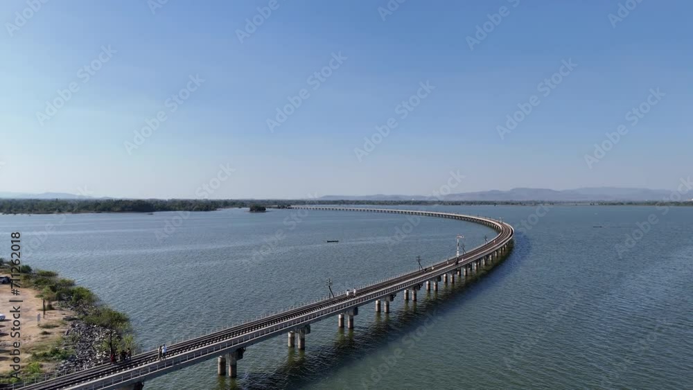 Drone shot aerial view of scenic landscape of Floating Train at Pa Sak Jolasid Dam. Lopburi Thailand Drone shot aerial view of scenic landscape of Floating Train at Pa Sak Jolasid Dam. Lopburi Thailand