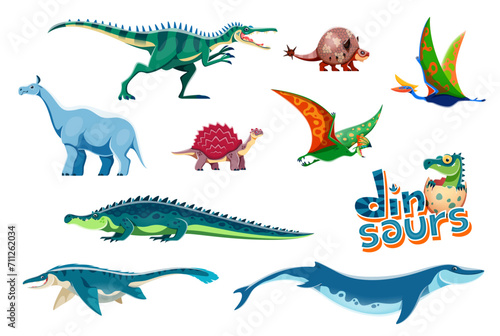 Cartoon dinosaurs childish personages. Baryonyx  Doedicurus  Quetzalcoatlus and Tapejara  Carbonemys  Sarcosushus and Mosasaurus  Basilosaurus prehistoric reptile  dinosaur vector funny characters set