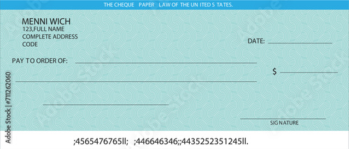 Blank bank cheque. Personal desk check template	 new  design