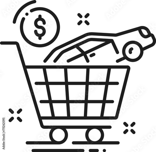 Car buy or dealership line icon for auto dealer and vehicles purchase service, outline vector. Used cars and new auto buying line icon of car in purchase cart with money coin for automotive trade