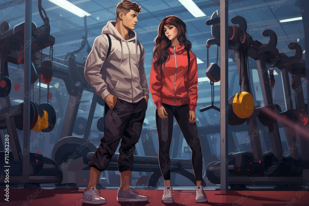 Obraz premium A man and a woman confidently stand in front of a gym, ready to take on their fitness journey together, Couple in gym, AI Generated