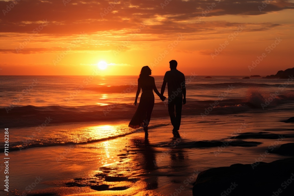A man and a woman enjoy a romantic walk on the beach as the sun sets, couple on the beach at sunset, AI Generated