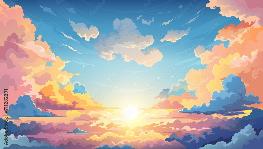 Sky sunset anime background with clouds, that dance across the horizon, creating a breathtaking and serene backdrop. Cartoon vector cumulonimbus cloudscape, heaven, nature peaceful dusk landscape - obrazy, fototapety, plakaty 