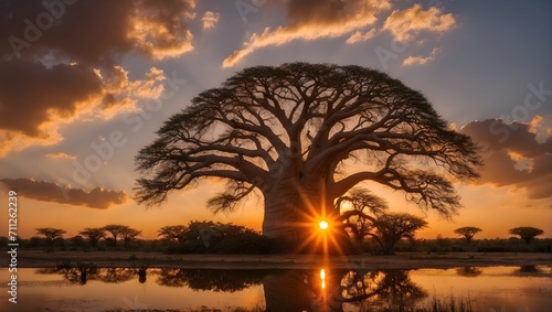 Leinwand Poster baobab tree and sunset