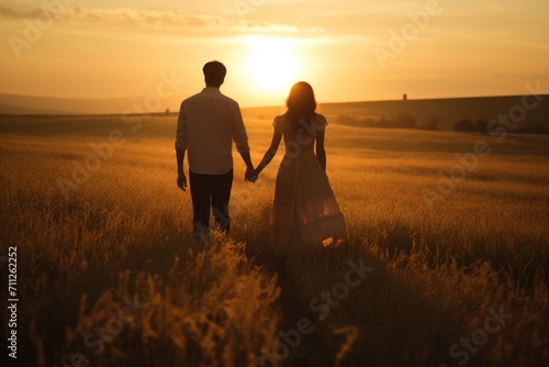 A man and a woman, hand in hand, walking through a beautiful field at sunset, embodying love and connection, Couple holding hands in a field at sunset, AI Generated