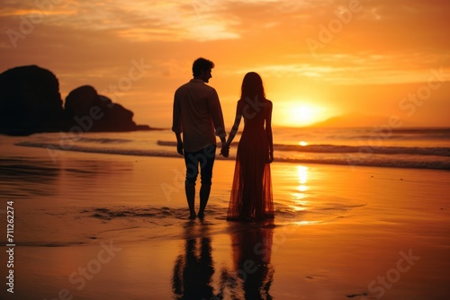 A man and a woman walk hand-in-hand on the sandy beach, bathed in the warm hues of a breathtaking sunset, couple on the beach at sunset, AI Generated © Iftikhar alam