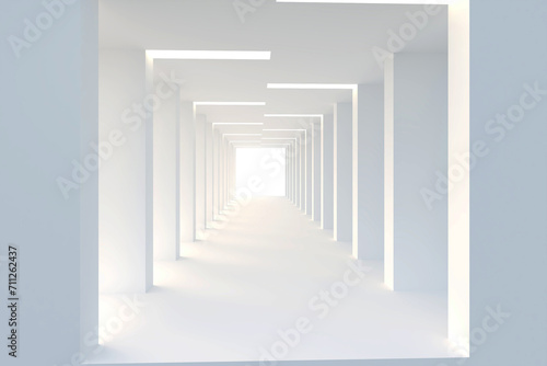 Tunnel with neon light of background. Design 3d rendering of white on white background. Design print for illustration, presentation, business, economic, cover, card, background, wallpaper. Set 3