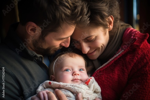 A man and woman tenderly hold their newborn baby, experiencing the joy and love of starting a family together, Cute baby being caressed by parents, AI Generated