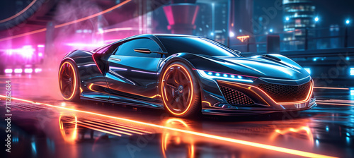 The car of the future. Neon. Light background. Generative AI. © visoot