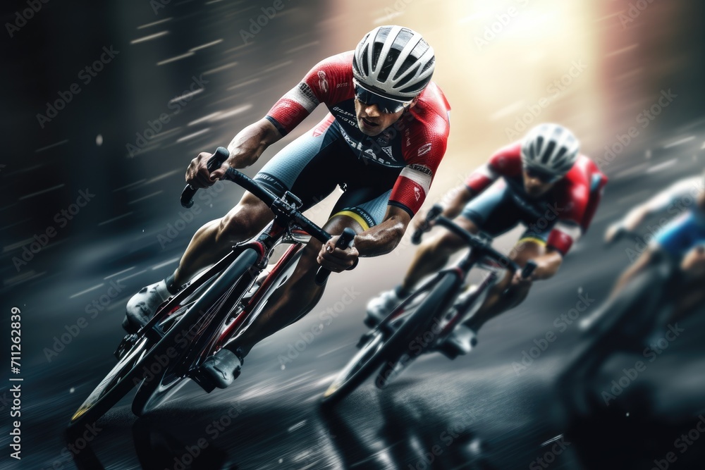 A group of men braving the rain as they ride bicycles down a wet road, Cyclist athletes riding a race at high speed, AI Generated