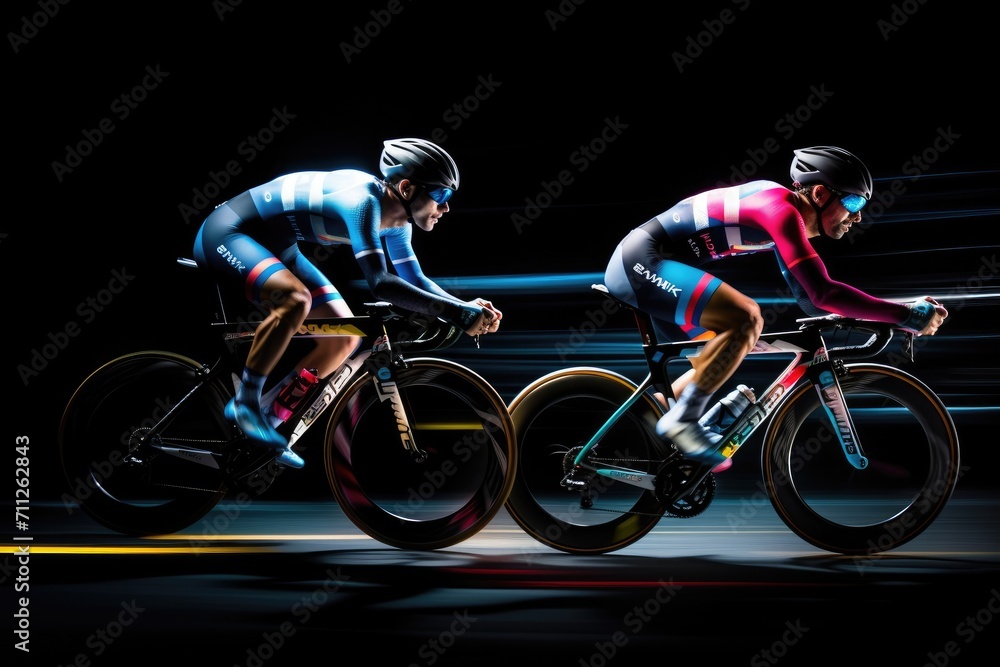 Two cyclists fiercely race under the cover of darkness on their bicycles, Cyclist athletes riding a race at high speed, AI Generated