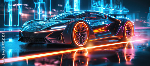 The car of the future. Neon. Light background. Generative AI.