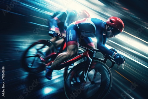 A man confidently rides his bike down a bustling city street, surrounded by tall buildings and urban architecture, Cyclist athletes riding a race at high speed, AI Generated