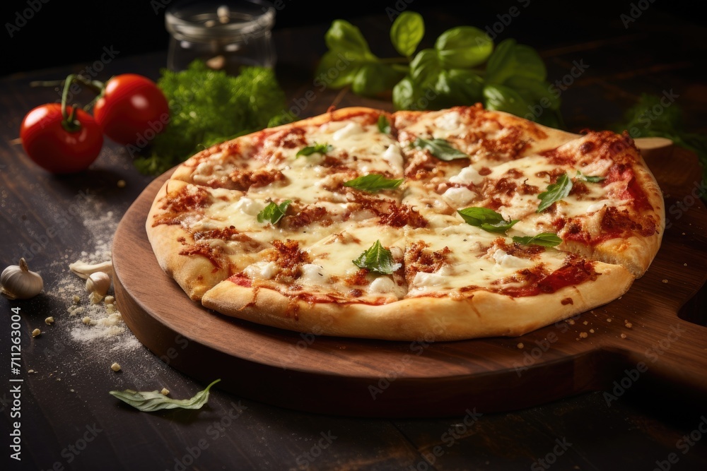 Mouthwatering pizza placed on a traditional wooden cutting board, ready to be enjoyed, Delicious pizza with mozzarella on a wooden board, AI Generated