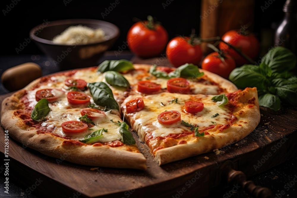 A delicious pizza with fresh tomatoes and fragrant basil sits on a wooden cutting board, Delicious pizza with mozzarella on a wooden board, AI Generated