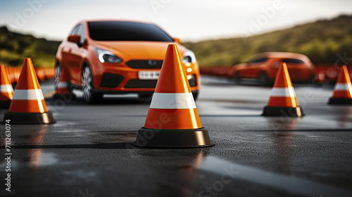 Car with Traffic cones in driving school, driving school concept, Copy space of transportation
