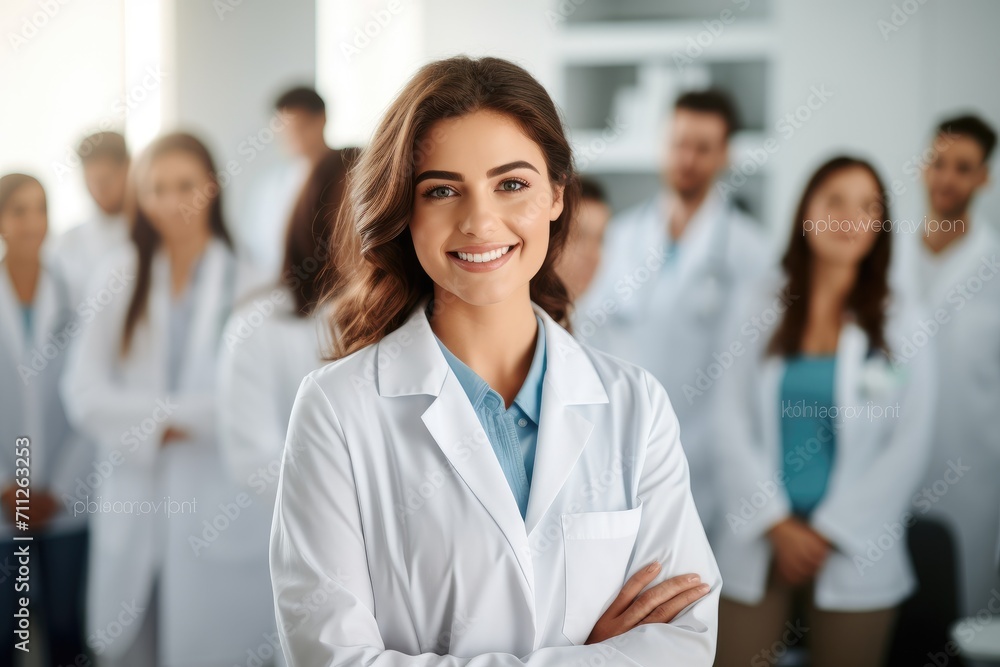 Woman in Lab Coat Leading Group of People in Discussion, female woman doctor nurse portrait shot smiling cheerful confident standing front row in medical training class, AI Generated Woman in Lab Coat Leading Group of People in Discussion, female woman doctor nurse portrait shot smiling cheerful confident standing front row in medical training class, AI Generated