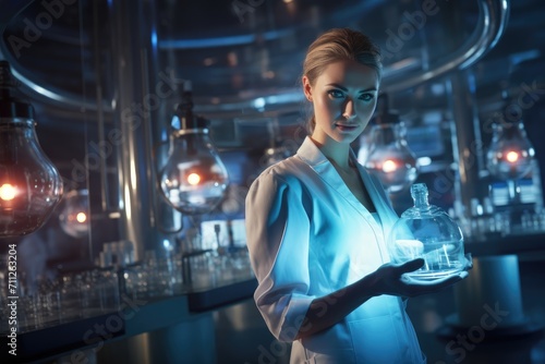 A female scientist holds a glass bottle as she conducts an experiment in a laboratory, Female scientist holding medicine in a drug manufacturing laboratory, AI Generated