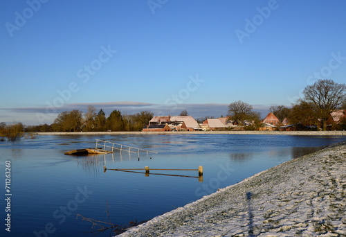 Flood at the River Aller in Winter in the Village Hodenhagen  Lower Saxony