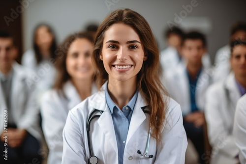 A woman in a white lab coat taking charge in front of a team of doctors, female woman doctor nurse portrait shot smiling cheerful confident standing front row in medical training class, AI Generated photo
