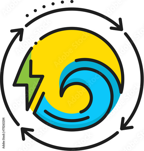 Green tidal waves power, eco energy linear icon. Electricity ecological generation station, electric power factory, tidal waves and hydropower energy color linear vector sign or pictogram