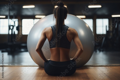A woman peacefully sits on a yoga ball in a gym, engaging her core muscles and practicing balance, fit woman stretching her back on an exercise ball in gym, AI Generated photo