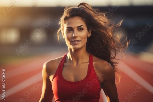 A woman is energetically running on a track while wearing a red top, Fitness, relax and woman athlete on track for a relay race, AI Generated